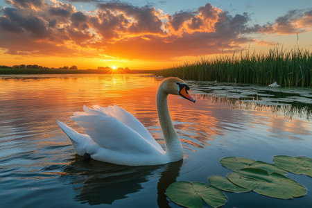 Swan elegantly gliding on a serene lake during a vibrant sunsetの素材