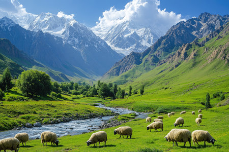 Sheep grazing peacefully in a green valley with majestic mountainsの素材