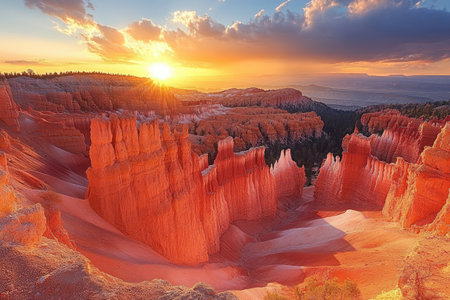 Sunlight illuminates Bryce Canyon's iconic hoodoos at sunriseの素材