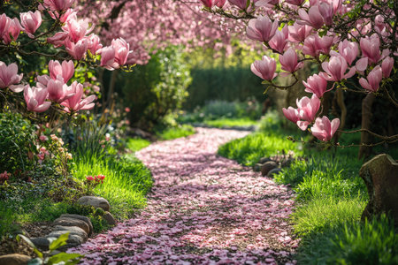 Tranquil garden path adorned with pink magnolia blossomsの素材