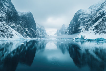 Serene winter landscape featuring a glacial lagoon reflecting towering icy cliffs under a cloudy skyの素材