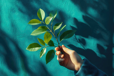 Hand holding vibrant green leaves against a teal wall backgroundの素材