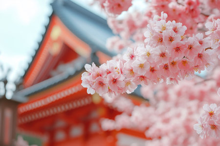 Pink cherry blossoms frame a historic Japanese temple in springの素材