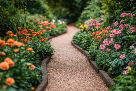 Colorful flowers line and serene garden pathwayの素材