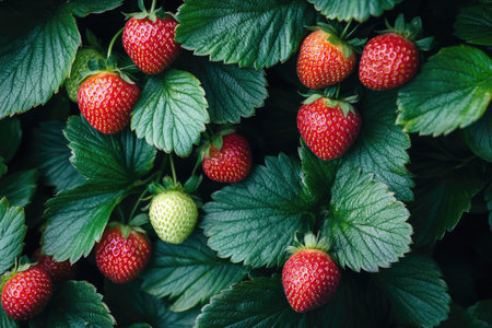 Fresh, juicy strawberries ripening among vibrant green leaves, ready for harvestの素材