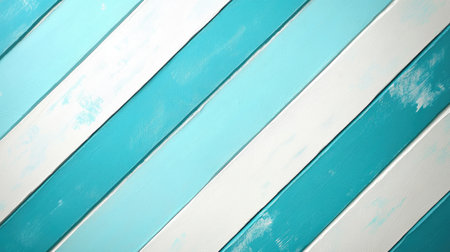 Wooden planks painted with gradient colors from turquoise to white, creating a diagonal striped pattern, ideal for backgroundsの素材
