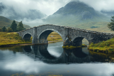 Stone bridge arches over tranquil river with misty mountains in the backgroundの素材