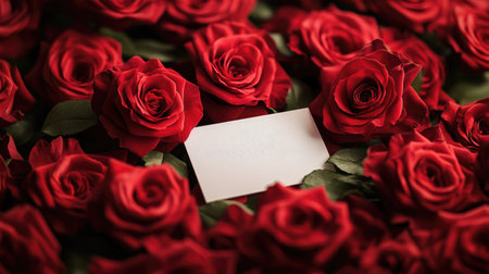 Blank white card is surrounded by fresh red roses, creating a romantic and elegant backdropの素材