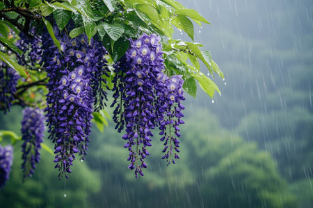 Hanging wisteria flowers getting wet under the rain with a green blurred backgroundの素材