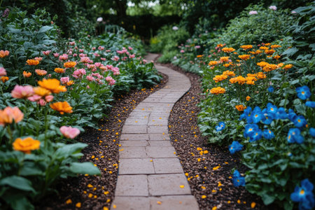 Curved garden path lined with vibrant flowers in full bloomの素材
