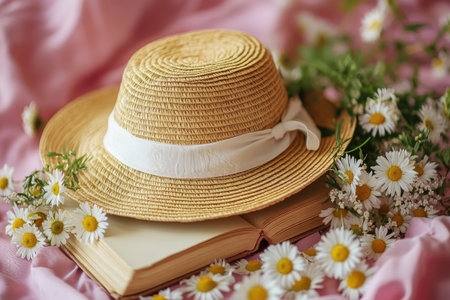 Straw hat and daisies atop an open book on pink fabricの素材