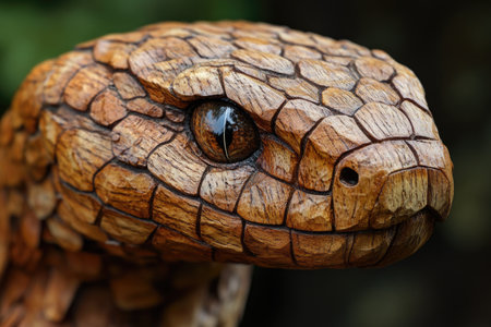 Detailed wooden snake sculpture showcasing realistic texture and craftsmanshipの素材