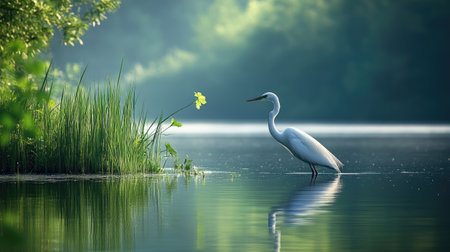 White heron hunting in a peaceful lake at sunrise, creating a serene and beautiful sceneの素材