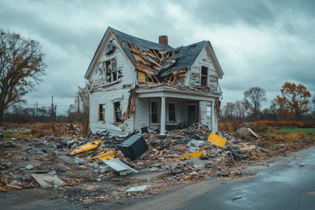 Dilapidated house surrounded by debris under a cloudy skyの素材