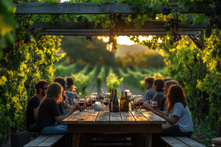 Group of friends enjoying wine outdoors in a scenic vineyard settingの素材