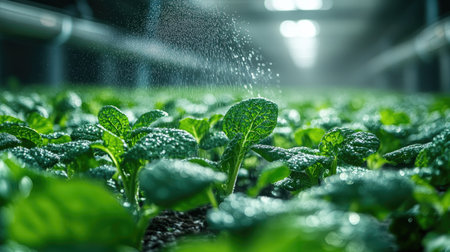 Vibrant green plants growing under controlled hydroponic conditionsの素材