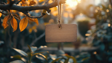 Wooden sign hanging from a branch in autumn sunlightの素材