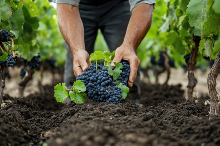 Hands gathering grapes in a lush vineyard, symbolizing agricultureの素材