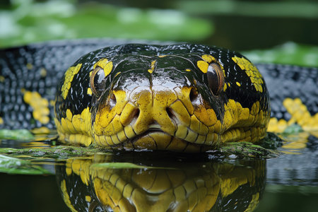 Close-up of a snake with striking yellow and black patterns in a calm water settingの素材