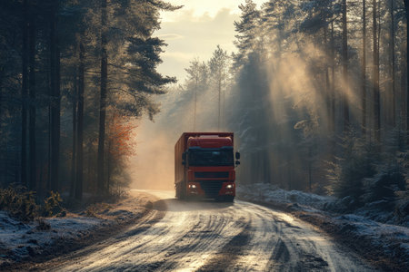 Red truck travels on a misty forest road during sunriseの素材