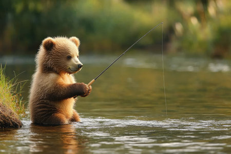 Young bear cub skillfully fishing in a serene river settingの素材