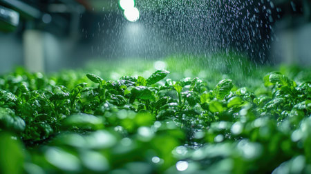 Vibrant green plants growing under controlled hydroponic conditionsの素材