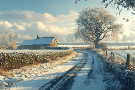 Snow-covered road winding through a picturesque winter landscape, leading to a charming stone house in the English countrysideの素材
