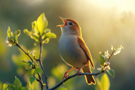 Bird singing on a branch with sunlight in the backgroundの素材