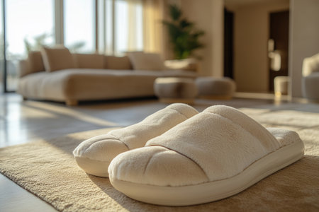 Plush slippers rest on a rug in a sunny, cozy living roomの素材