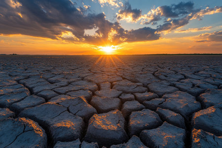 Dry cracked soil during sunset creating dramatic landscape of cracked earth at golden hourの素材