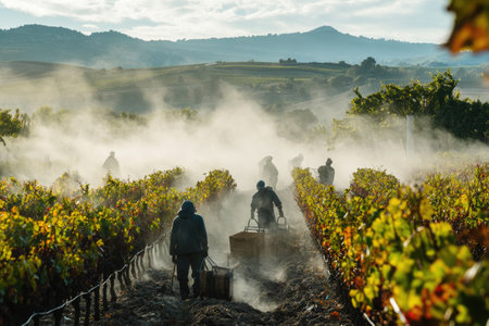 Farmers carrying wooden crates are harvesting grapes in a misty vineyard at sunrise, creating a serene and picturesque sceneの素材