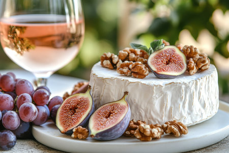 Delicious camembert cheese is served with fresh figs, walnuts, grapes, and a glass of wine, creating a perfect outdoor dining experienceの素材