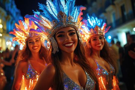 Beautiful smiling Brazilian dancers wearing colorful costumes are posing during a carnival paradeの素材