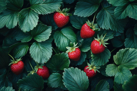 Fresh, juicy strawberries ripening among vibrant green leaves, ready for harvestの素材