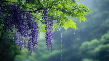 Wisteria flowers dripping with raindrops during a refreshing rain shower, creating a serene and beautiful natural sceneの素材