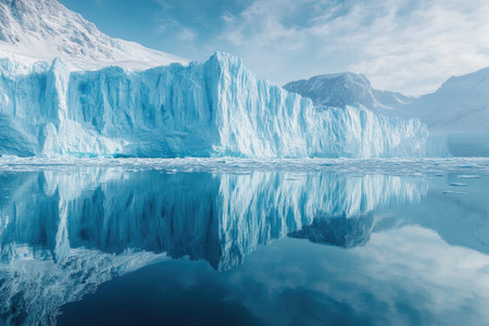 Stunning view of perito moreno glacier reflecting on the calm waters of lago argentino in los glaciares national parkの素材