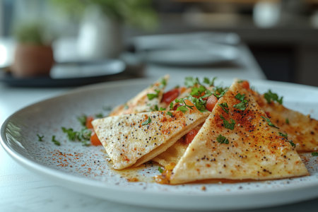 Tasty quesadillas topped with herbs and spices on a white plateの素材