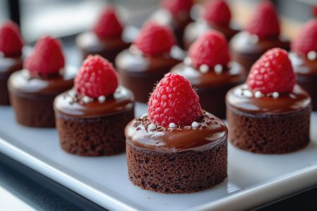 Chocolate cakes topped with raspberries on a white trayの素材