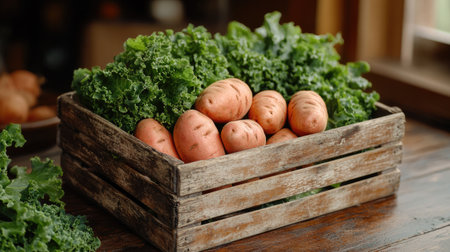 Wooden crate overflowing with freshly harvested potatoes and kale, celebrating the bounty of a farm-to-table lifestyleの素材