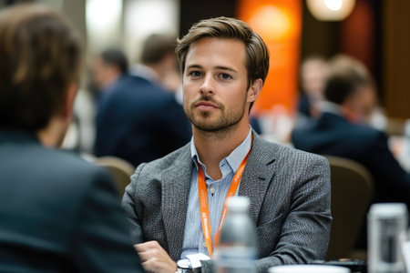 Young businessman listening to a colleague during a conference meeting, showing engagement and professionalismの素材