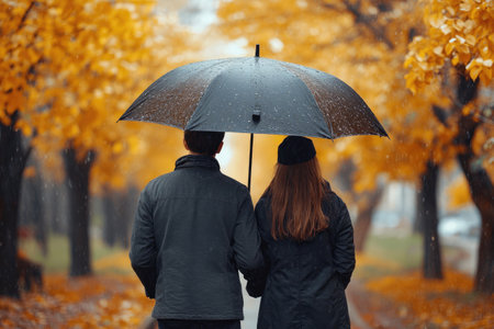 Romantic stroll under rainy autumn trees with vibrant yellow leavesの素材