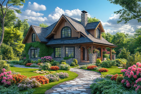 Picturesque stone cottage surrounded by vibrant flowers and greeneryの素材