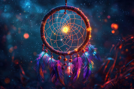 Dreamcatcher glowing with vibrant colors against a starry backgroundの素材