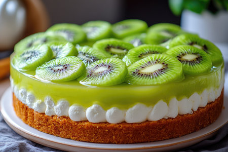 Round cheesecake with kiwi slices and whipped cream on a wooden plate, perfect for a birthday party or special occasionの素材