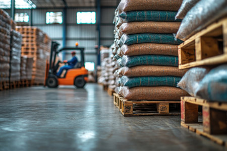 Forklift transporting goods in a large warehouse settingの素材