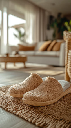 Plush slippers rest on a rug in a sunny, cozy living roomの素材