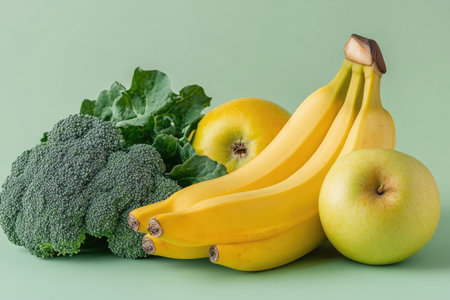 Vibrant bananas, apples, broccoli, and kale are creating a healthy and appealing arrangementの素材