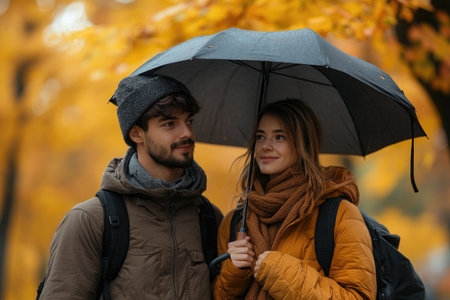 Couple sharing an umbrella in a vibrant autumn parkの素材