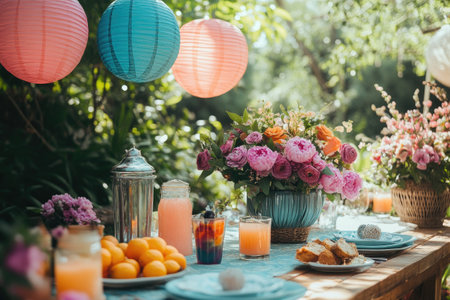 Vibrant outdoor party setup showcasing a decorated table with flowers, drinks, food, and paper lanterns, creating a cheerful ambianceの素材