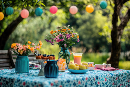 Vibrant garden party setting featuring a table adorned with flowers, delicious treats, refreshing drinks, and colorful paper lanternsの素材